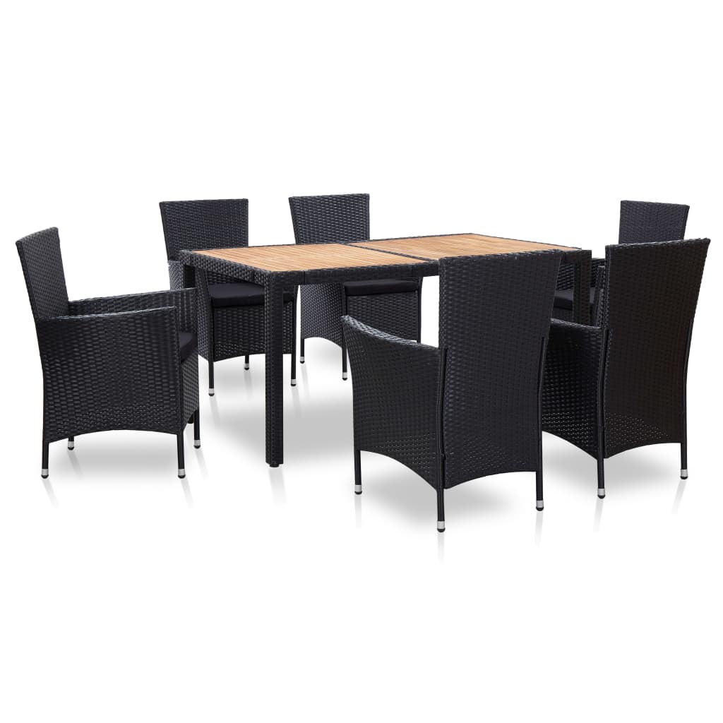 Set mobilier de exterior cu perne, 7 piese, negru, poliratan