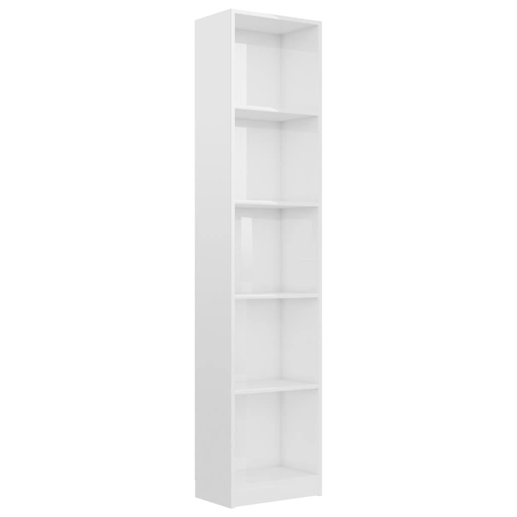 Bibliotecă 5 rafturi, alb lucios, 40x24x175 cm, lemn prelucrat