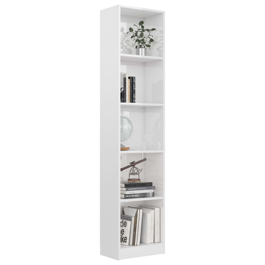 Bookcase 5 shelves, glossy white, 40x24x175 cm, processed wood