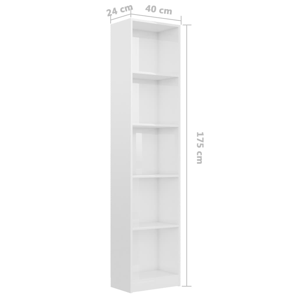 Bibliotecă 5 rafturi, alb lucios, 40x24x175 cm, lemn prelucrat