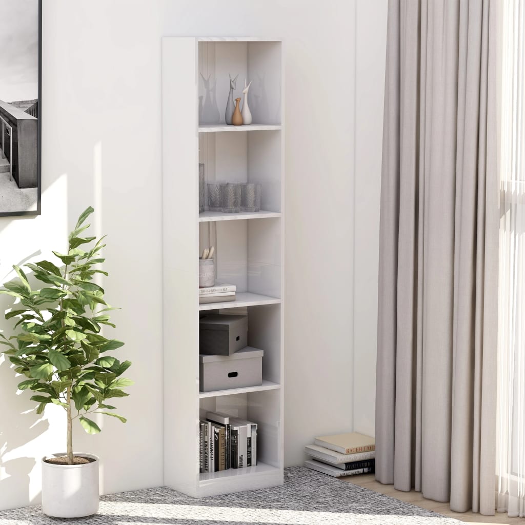 Bookcase 5 shelves, glossy white, 40x24x175 cm, processed wood