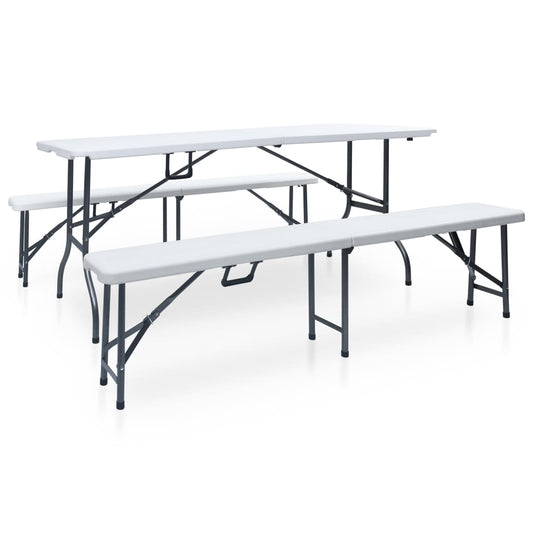 Folding garden table with 2 benches, white, 180 cm, steel and HDPE