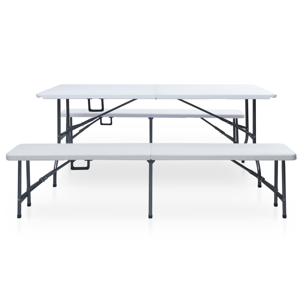 Folding garden table with 2 benches, white, 180 cm, steel and HDPE