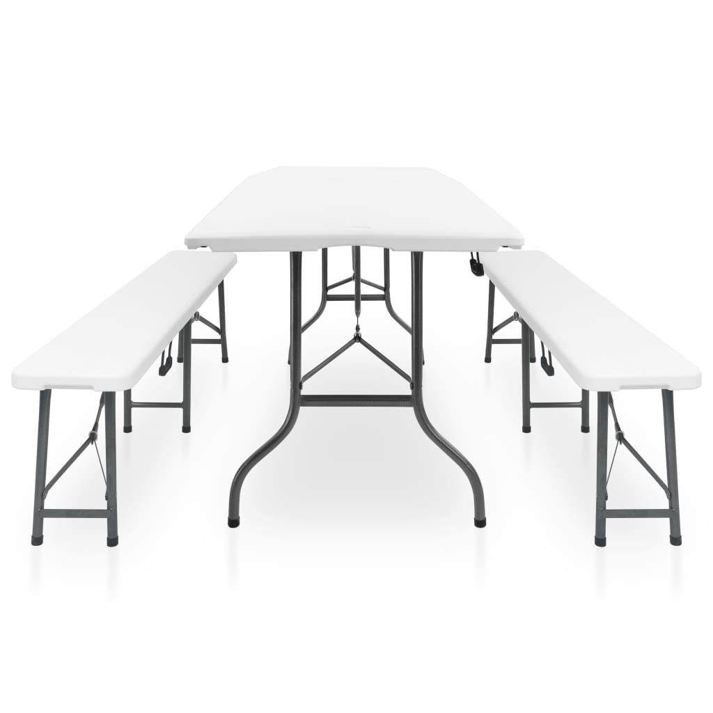 Folding garden table with 2 benches, white, 180 cm, steel and HDPE