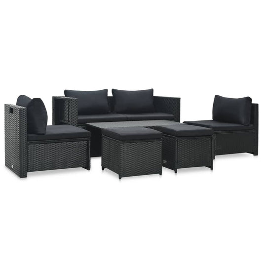 Garden furniture set with cushions, 6 pieces, black, polyrattan