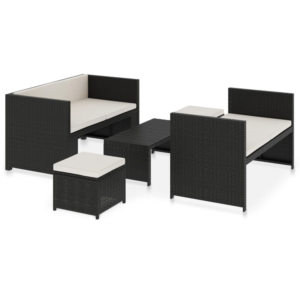 Set mobilier de grădină cu perne, 5 piese, negru, poliratan