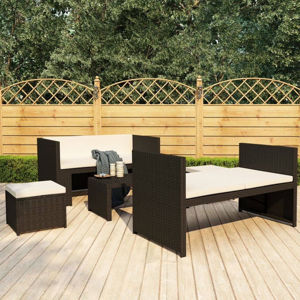 5-piece garden furniture set with cushions, black, polyrattan