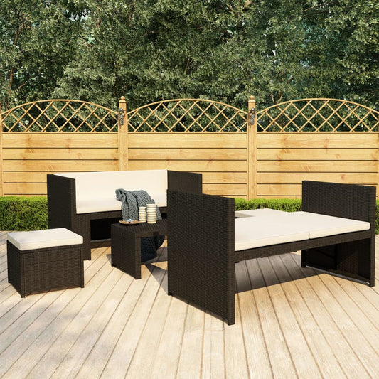 Set mobilier de grădină cu perne, 5 piese, negru, poliratan