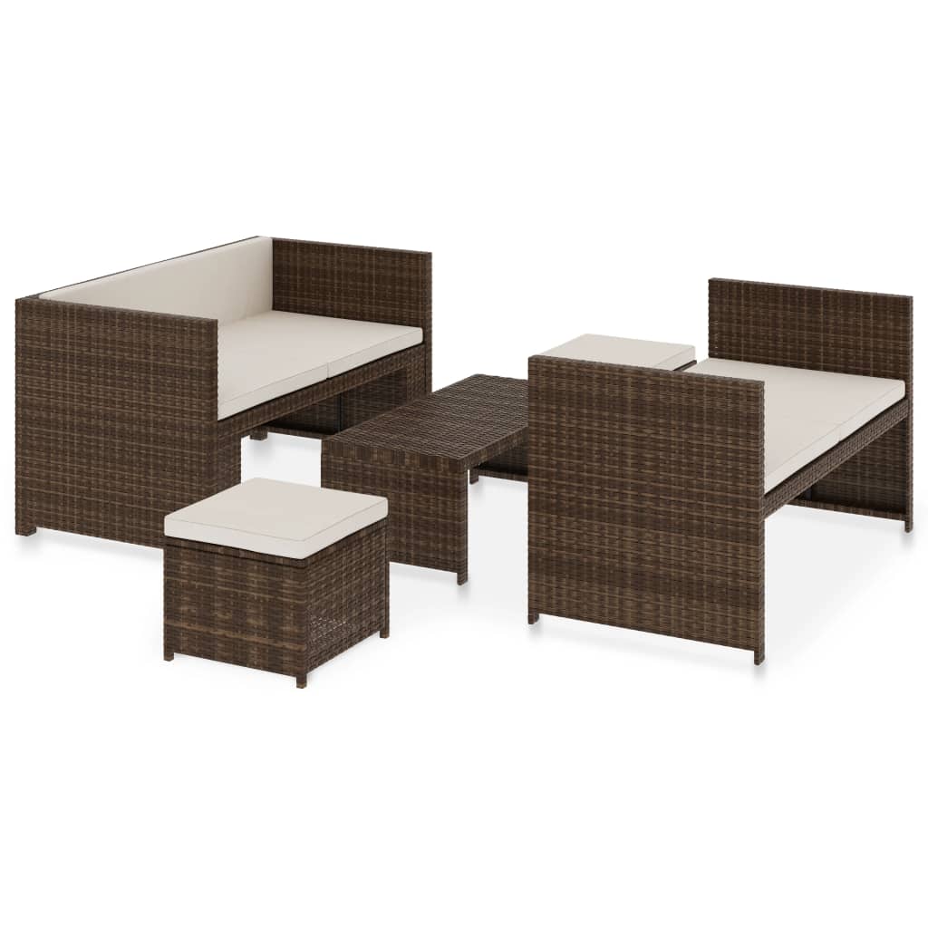 Garden furniture set with cushions, 5 pieces, brown, polyrattan