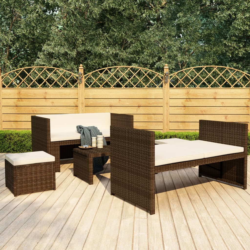 Garden furniture set with cushions, 5 pieces, brown, polyrattan