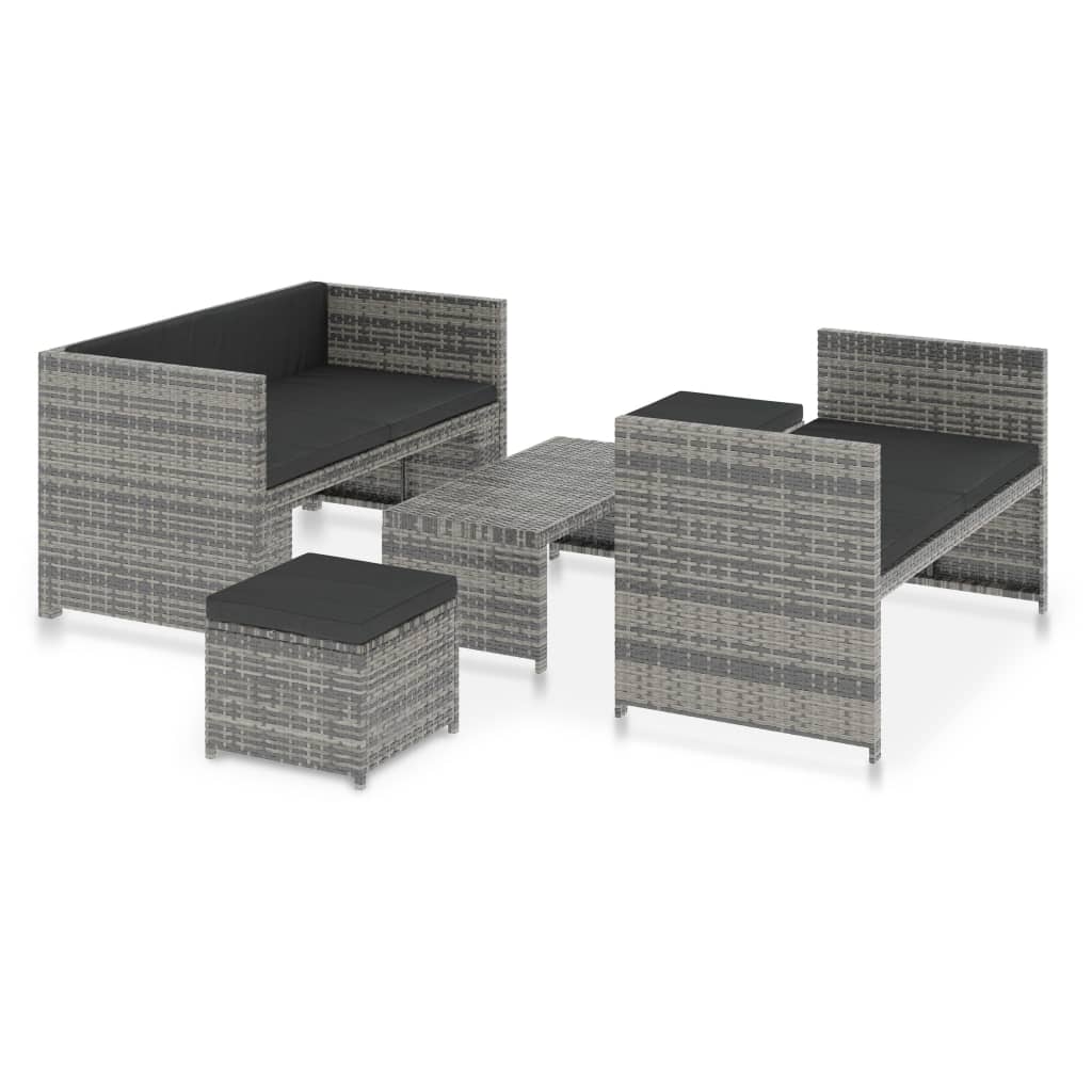 5-piece garden furniture set with cushions, grey, polyrattan