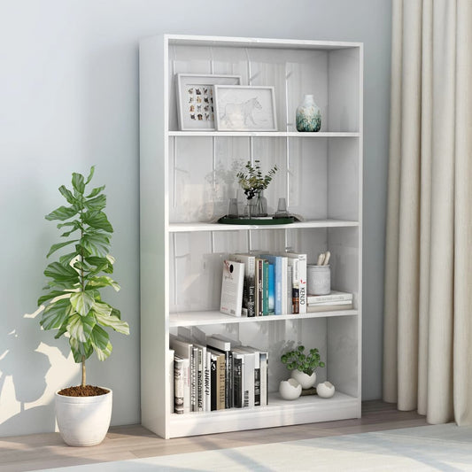 Bookcase 4 shelves, glossy white, 80x24x142 cm, processed wood