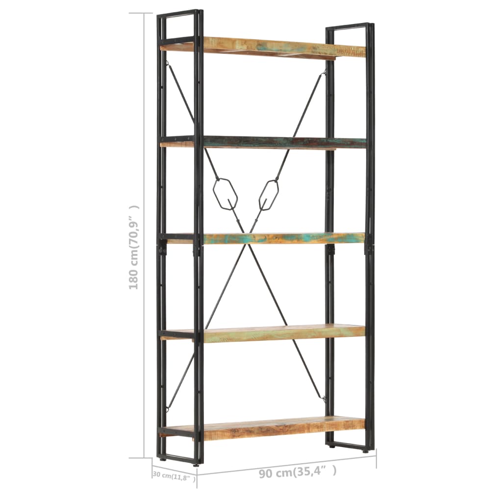 Bookcase with 5 shelves, 90 x 30 x 180 cm, solid recycled wood