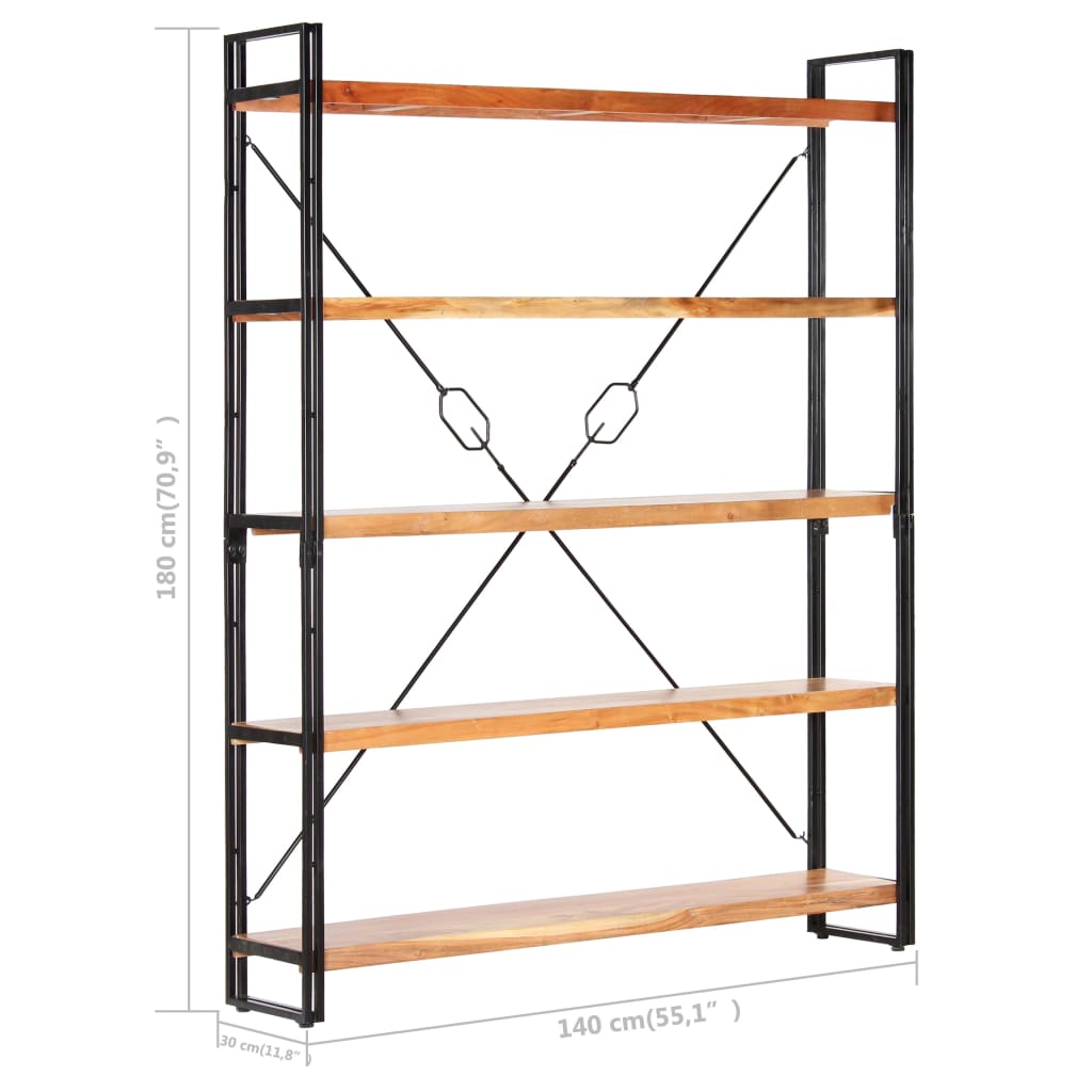 Bookcase with 5 shelves, 140x30x180 cm, solid acacia wood