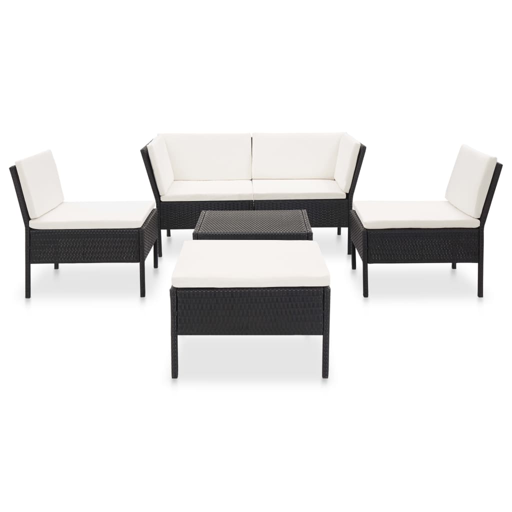 Garden furniture set with cushions, 6 pieces, black, polyrattan