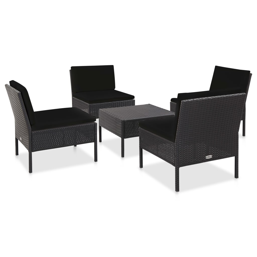 Set mobilier de grădină cu perne, 5 piese, negru, poliratan