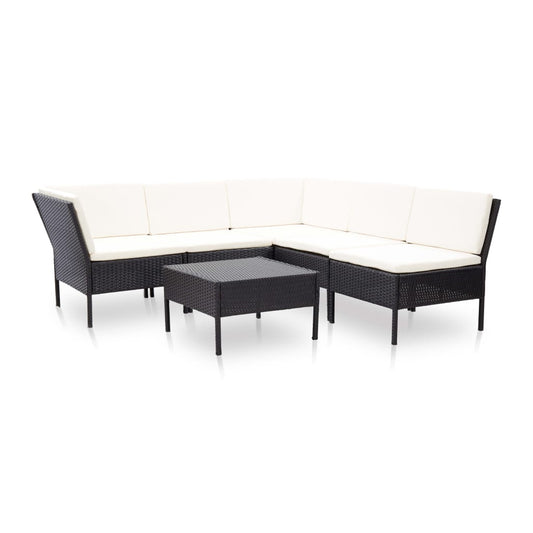 Garden furniture set with cushions, 6 pieces, black, polyrattan