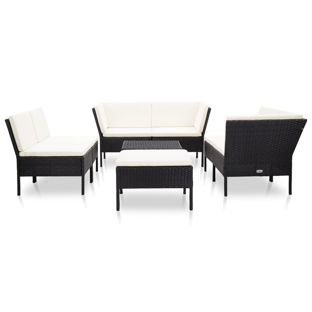 Garden furniture set with cushions, 8 pieces, black, polyrattan