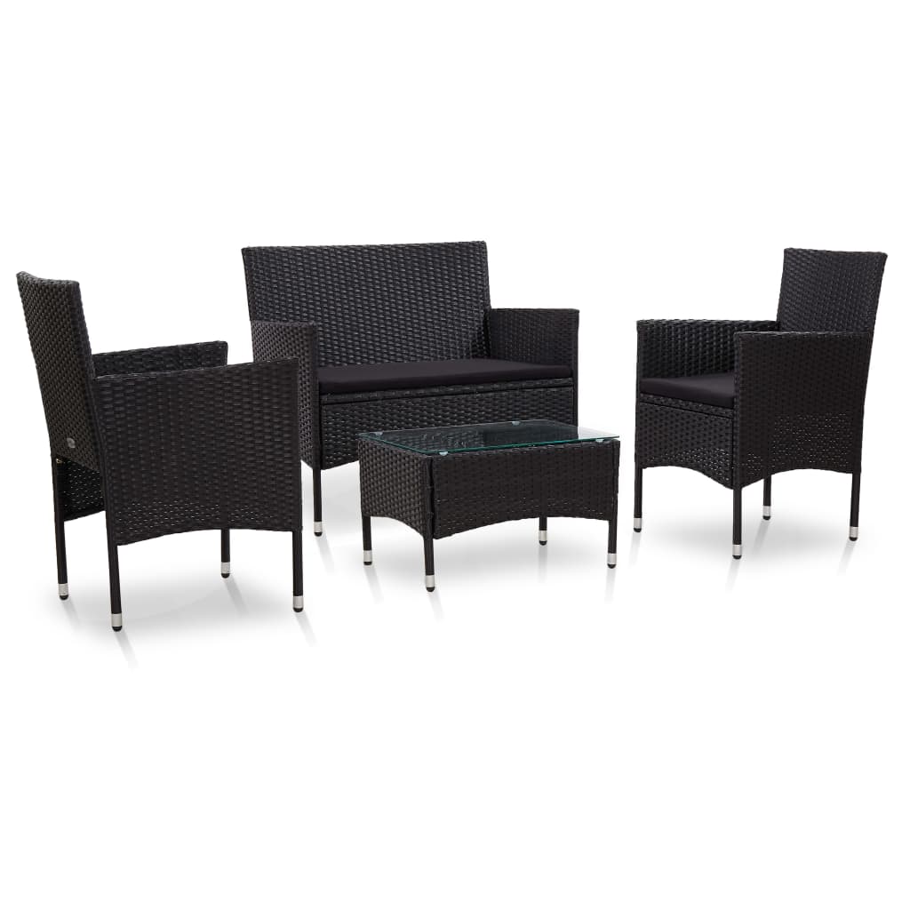 4-piece garden furniture set with cushions, black, polyrattan