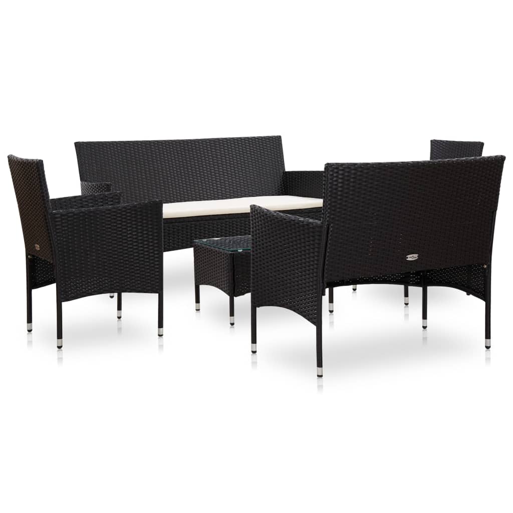 Set mobilier de grădină cu perne, 5 piese, negru, poliratan