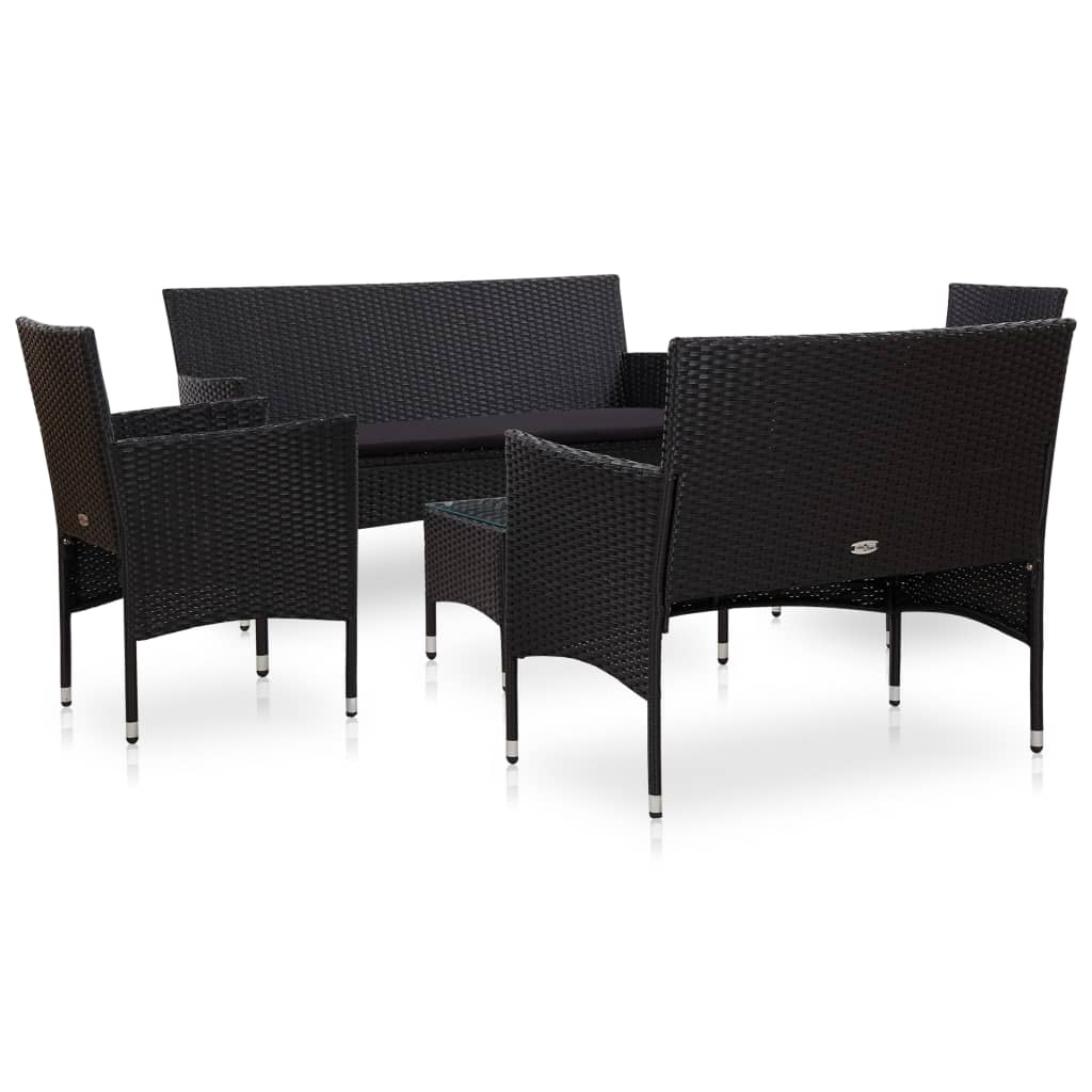 Set mobilier de grădină cu perne, 5 piese, negru, poliratan