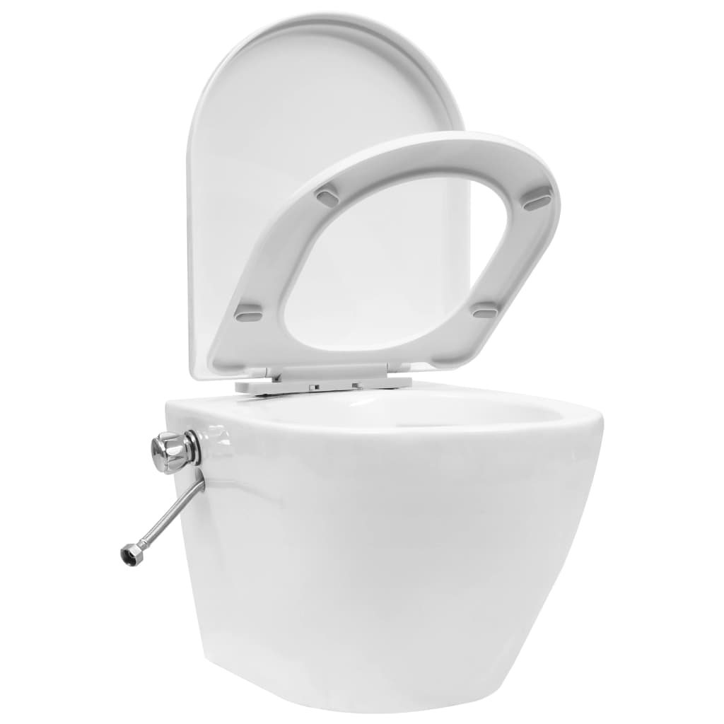 Frameless wall-hung toilet with bidet function, white, ceramic