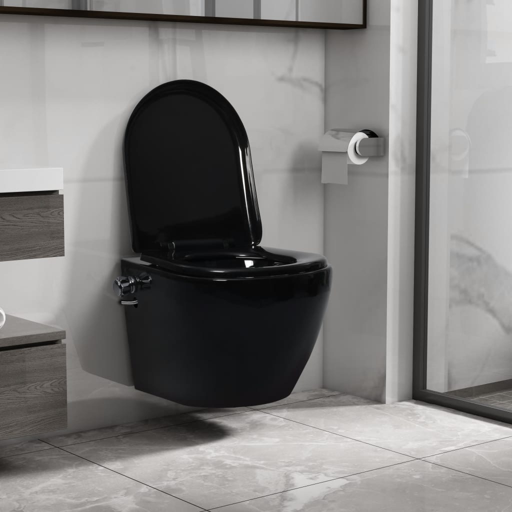 Frameless wall-hung toilet with bidet function, black, ceramic