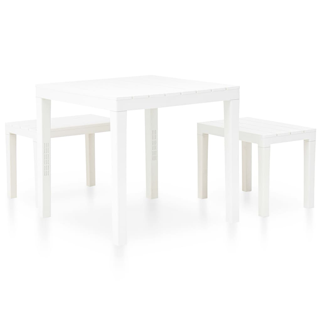 Garden table with 2 benches, white, plastic