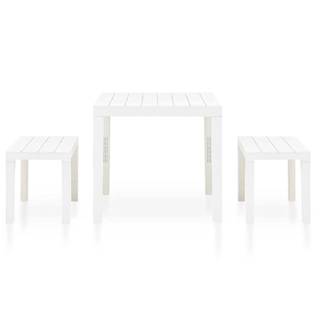 Garden table with 2 benches, white, plastic