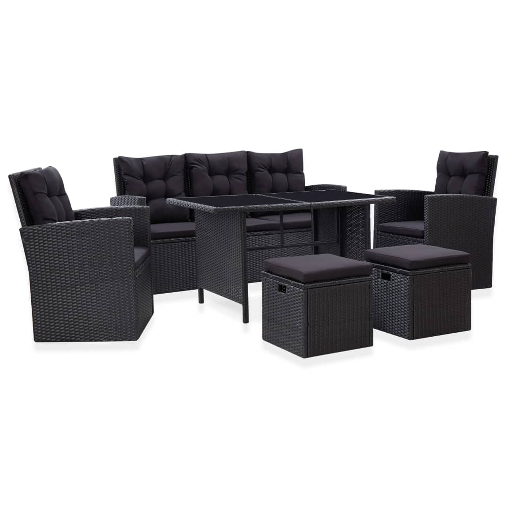 Garden furniture set with cushions, 6 pieces, black, polyrattan