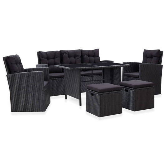 Set mobilier de grădină cu perne, 6 piese, negru, poliratan