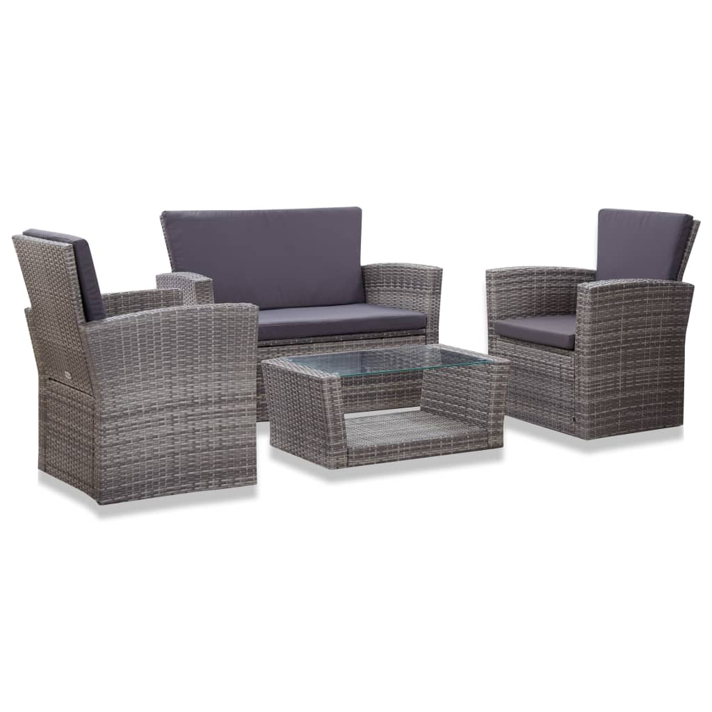 4-piece garden furniture set with cushions, grey, polyrattan