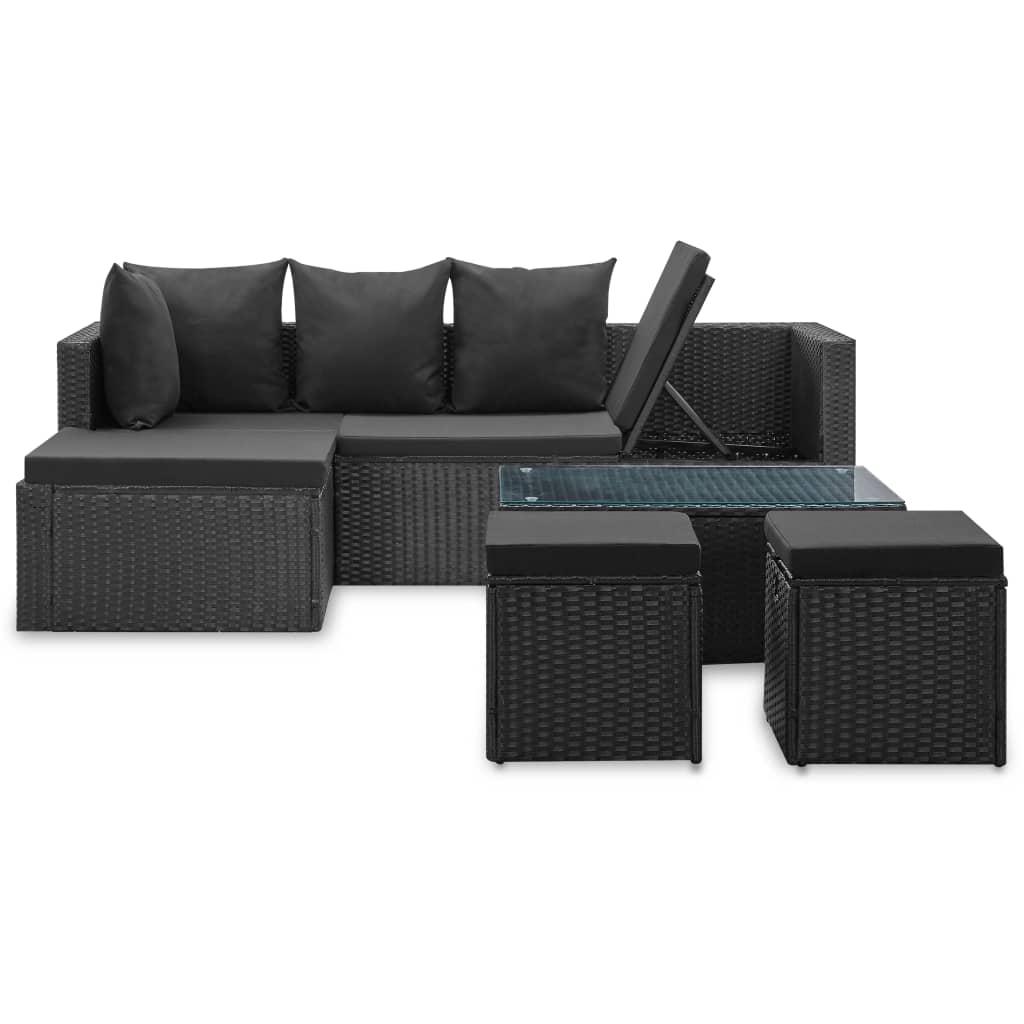 Set mobilier de grădină cu perne, 4 piese, negru, poliratan