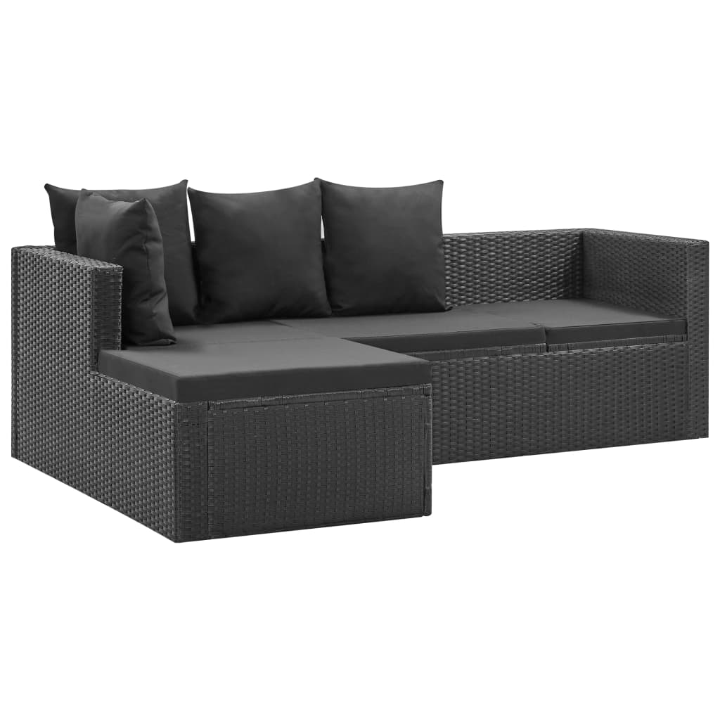 Set mobilier de grădină cu perne, 4 piese, negru, poliratan