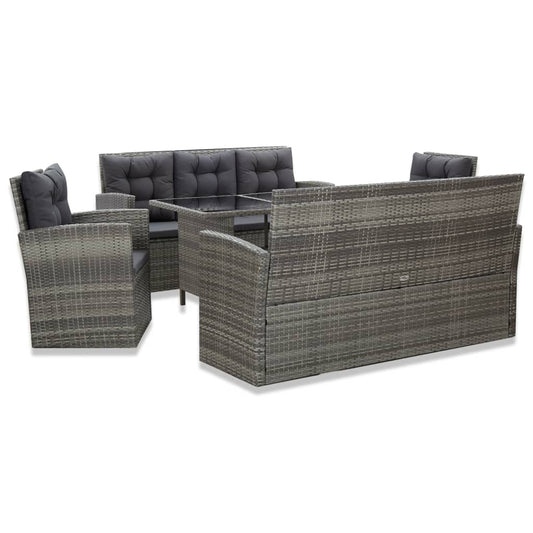 5-piece outdoor furniture set with cushions, grey, polyrattan