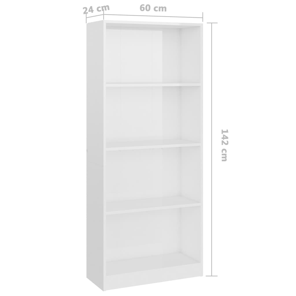 Bibliotecă 4 rafturi, alb lucios, 60x24x142 cm, lemn prelucrat