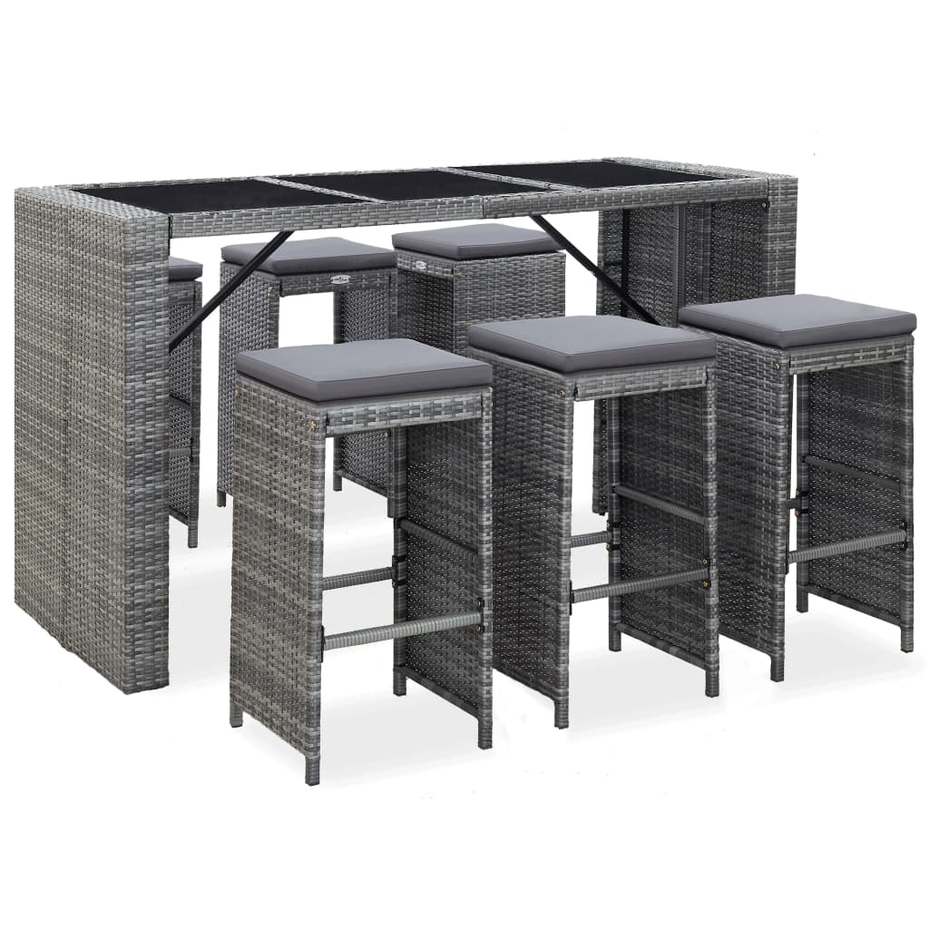 Garden bar furniture set with cushions, 7 pieces, grey, poly rattan