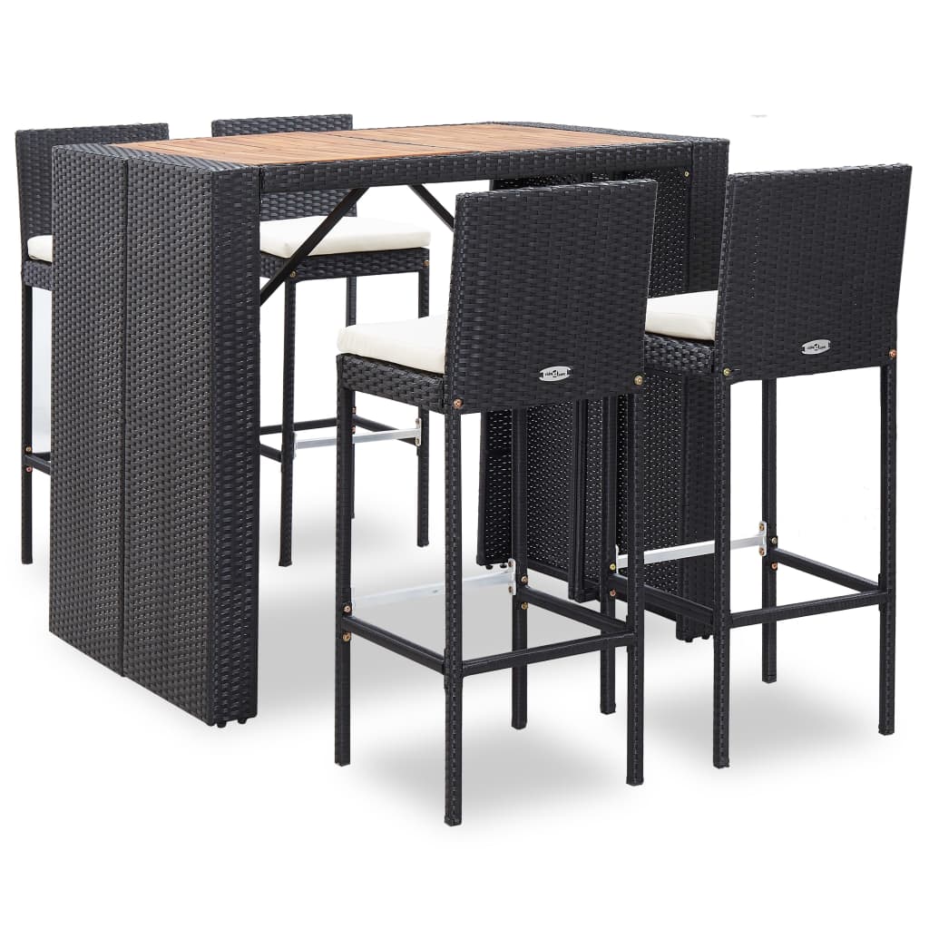 Set mobilier de exterior 5 piese, negru, poliratan, lemn acacia