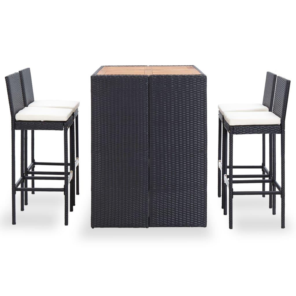 Set mobilier de exterior 5 piese, negru, poliratan, lemn acacia