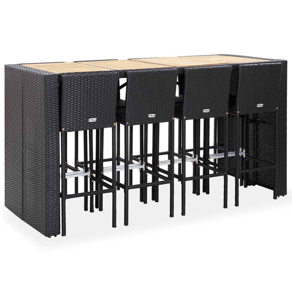 Outdoor bar set, 9 pieces, black, poly rattan and acacia wood