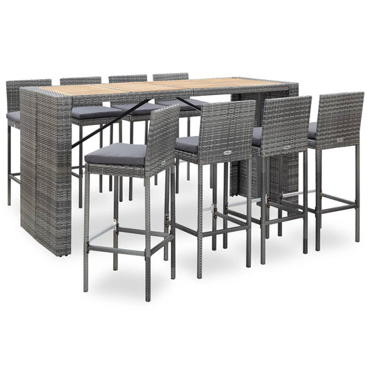 9-piece outdoor bar furniture set in gray polyrattan and acacia wood