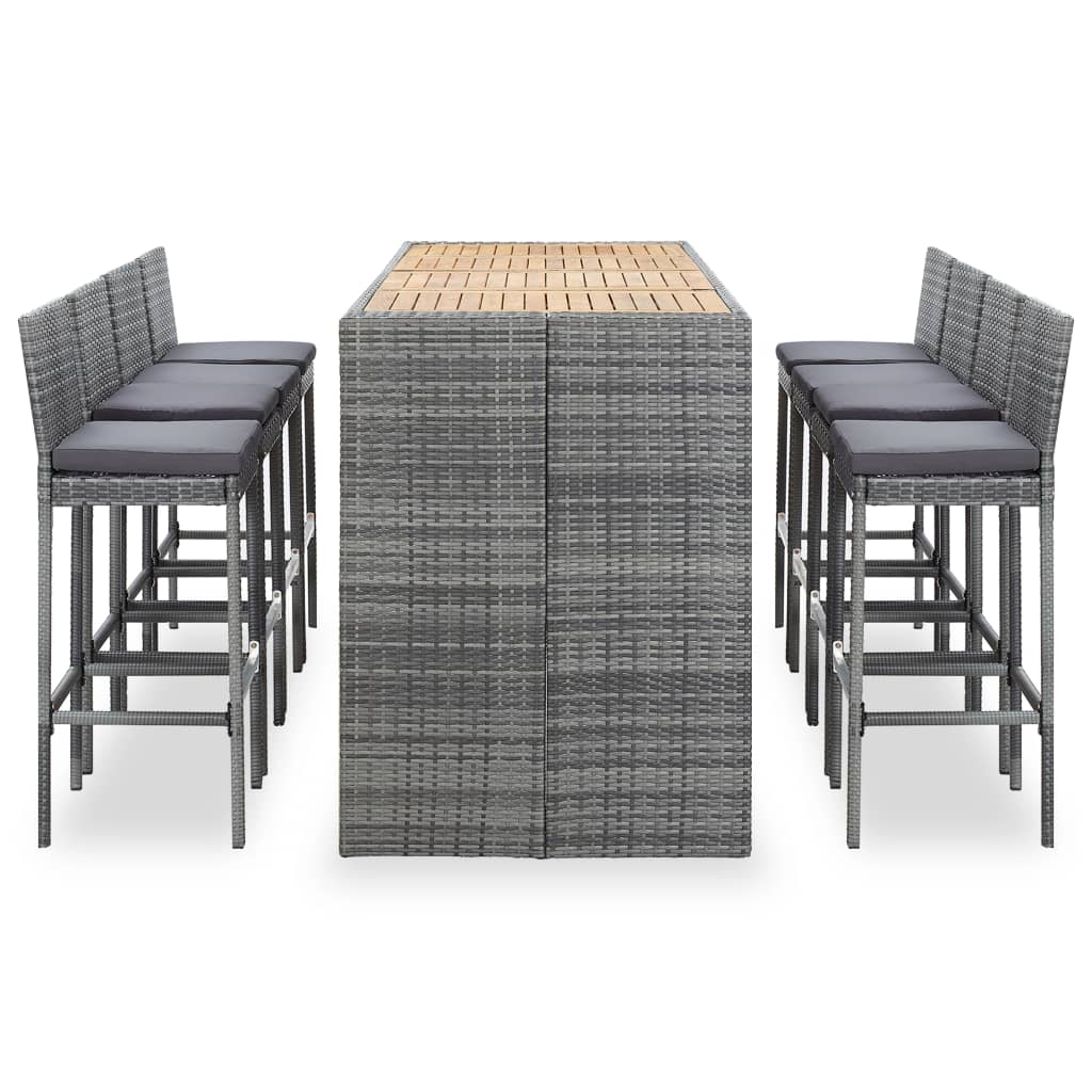 9-piece outdoor bar furniture set in gray polyrattan and acacia wood