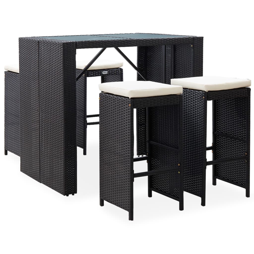 Outdoor bar set, 5 pieces, black, poly rattan and glass