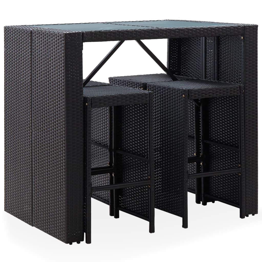 Outdoor bar set, 5 pieces, black, poly rattan and glass