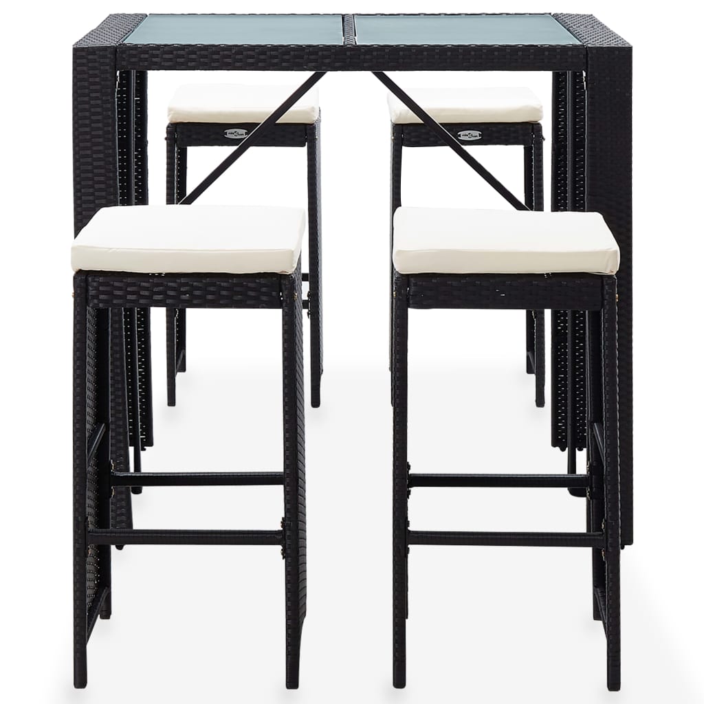 Outdoor bar set, 5 pieces, black, poly rattan and glass