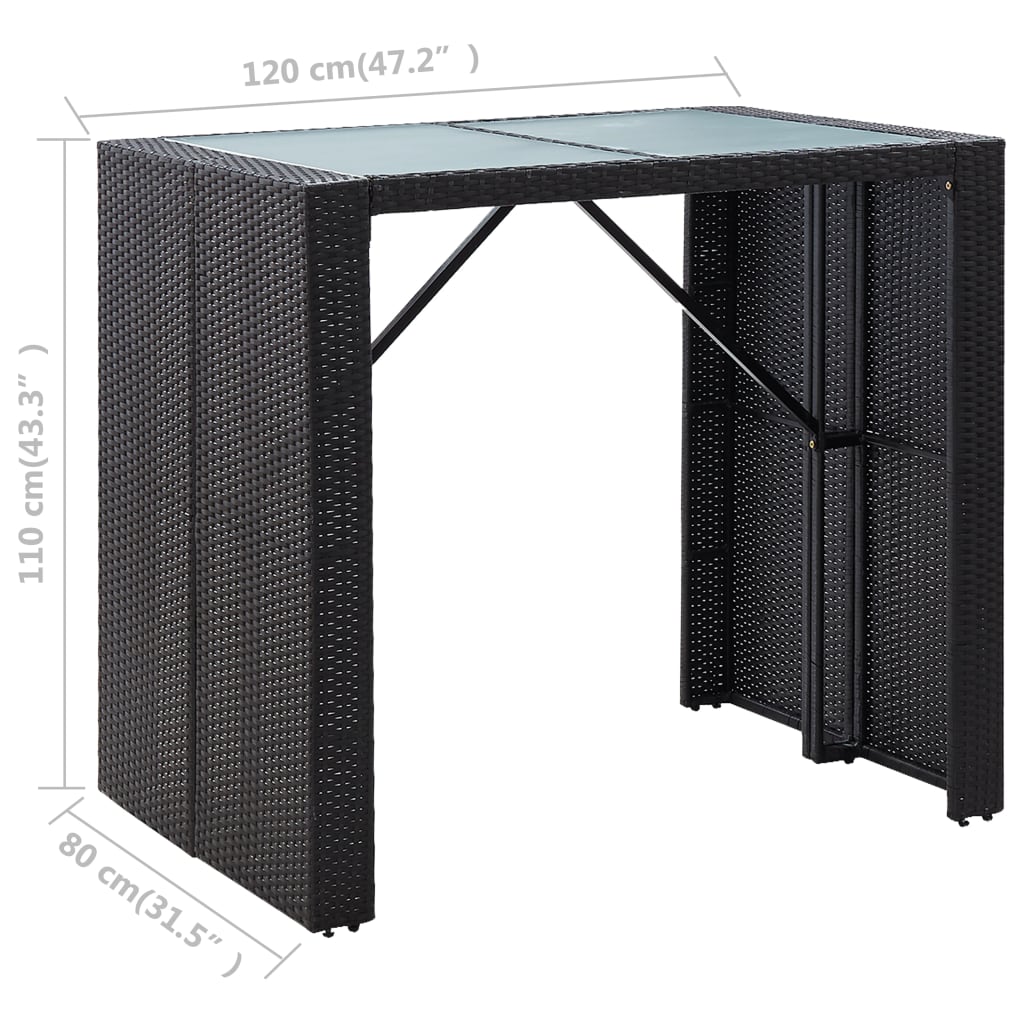 Outdoor bar set, 5 pieces, black, poly rattan and glass