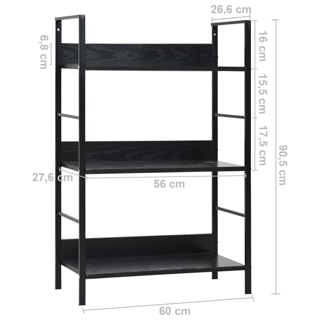 Bookcase 3 shelves, black, 60x27.6x90.5 cm, processed wood