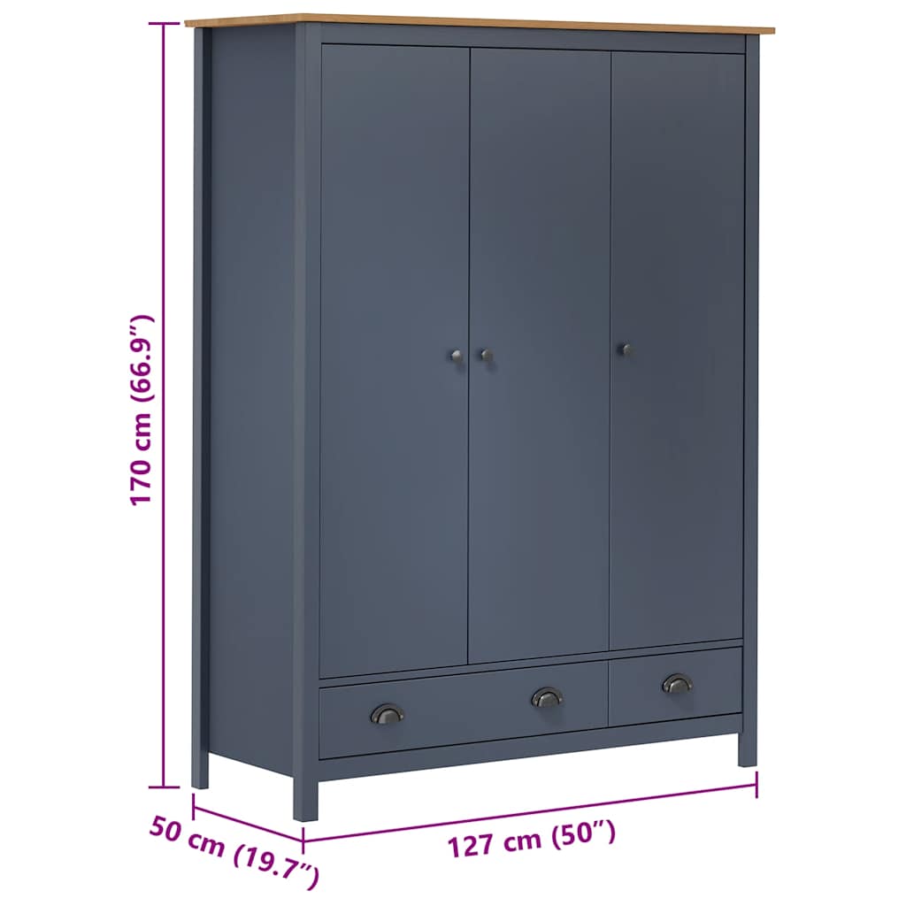 Hill 3-door wardrobe, gray, 127x50x170 cm, solid pine wood