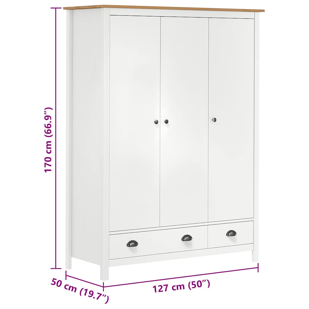 Hill 3-door wardrobe, white, 127x50x170 cm, solid pine wood