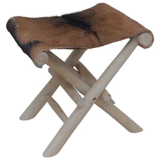 Folding stool, natural leather and solid teak wood